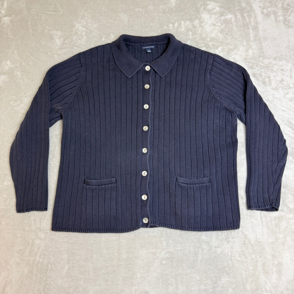 VTG Lands End Ribbed Cardigan Women 2X (Fit XL) Blue Button Front Collared Heavy